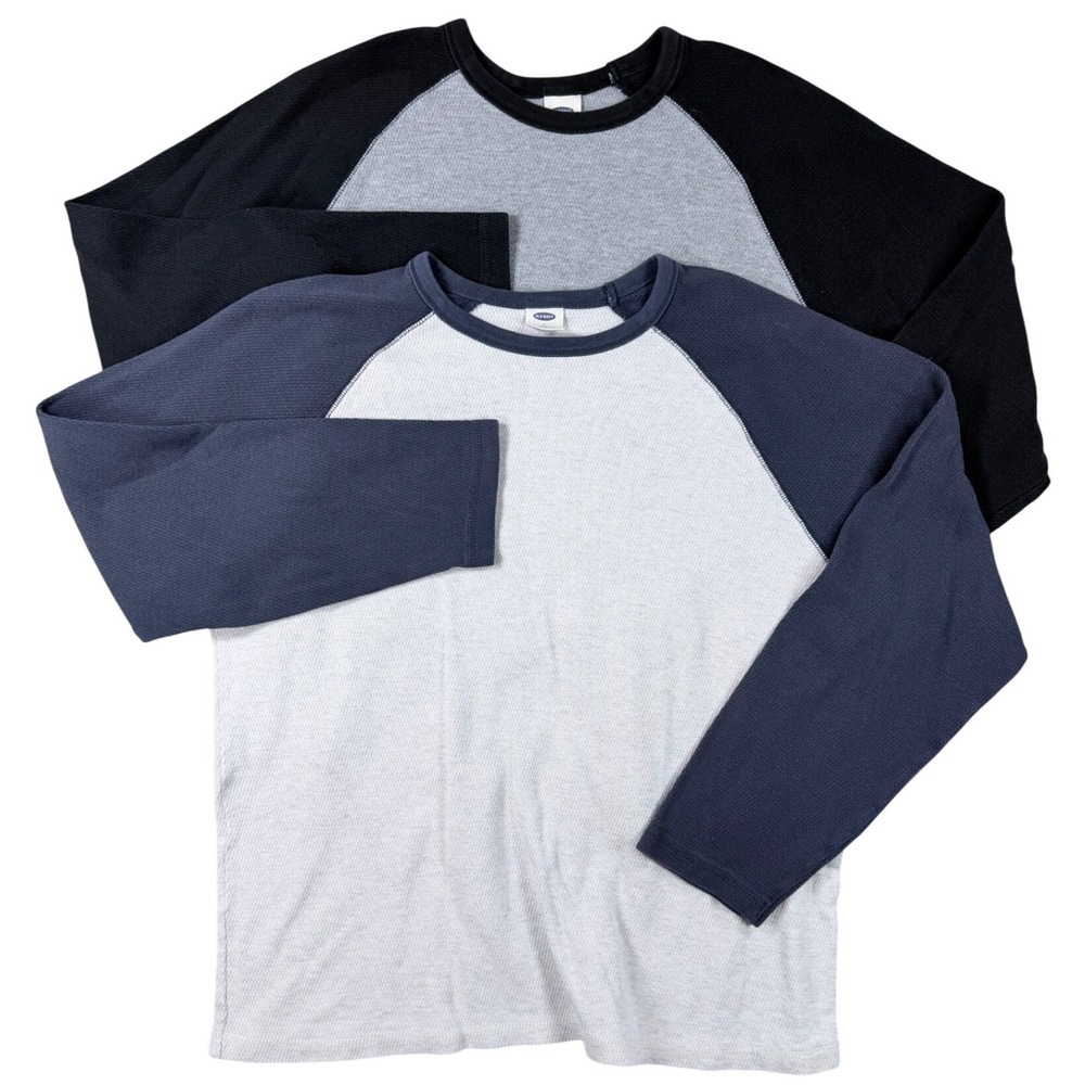Old Navy Mens Waffle Knit Thermal Raglan Baseball Shirt 2 Pack Grey Black Navy L